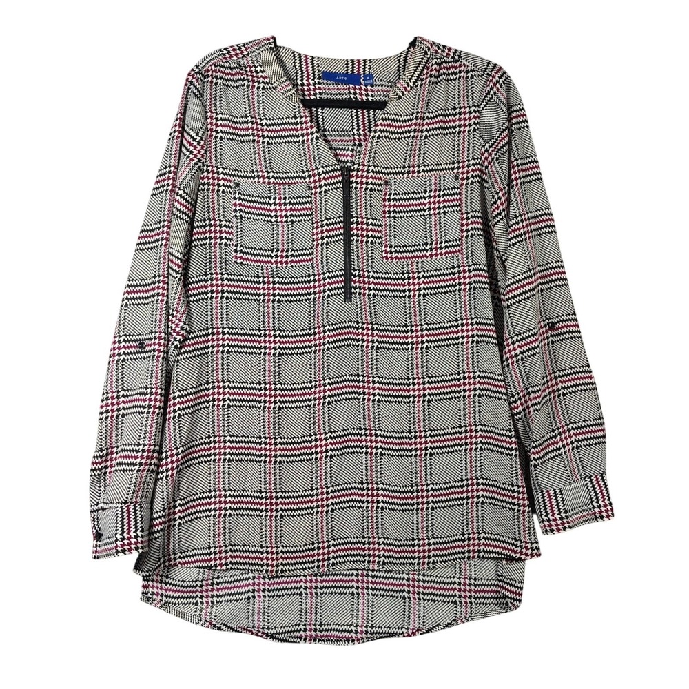 Apt. 9 Houndstooth Blouse Top Half Zip Women Medium Officecore Dark Academia